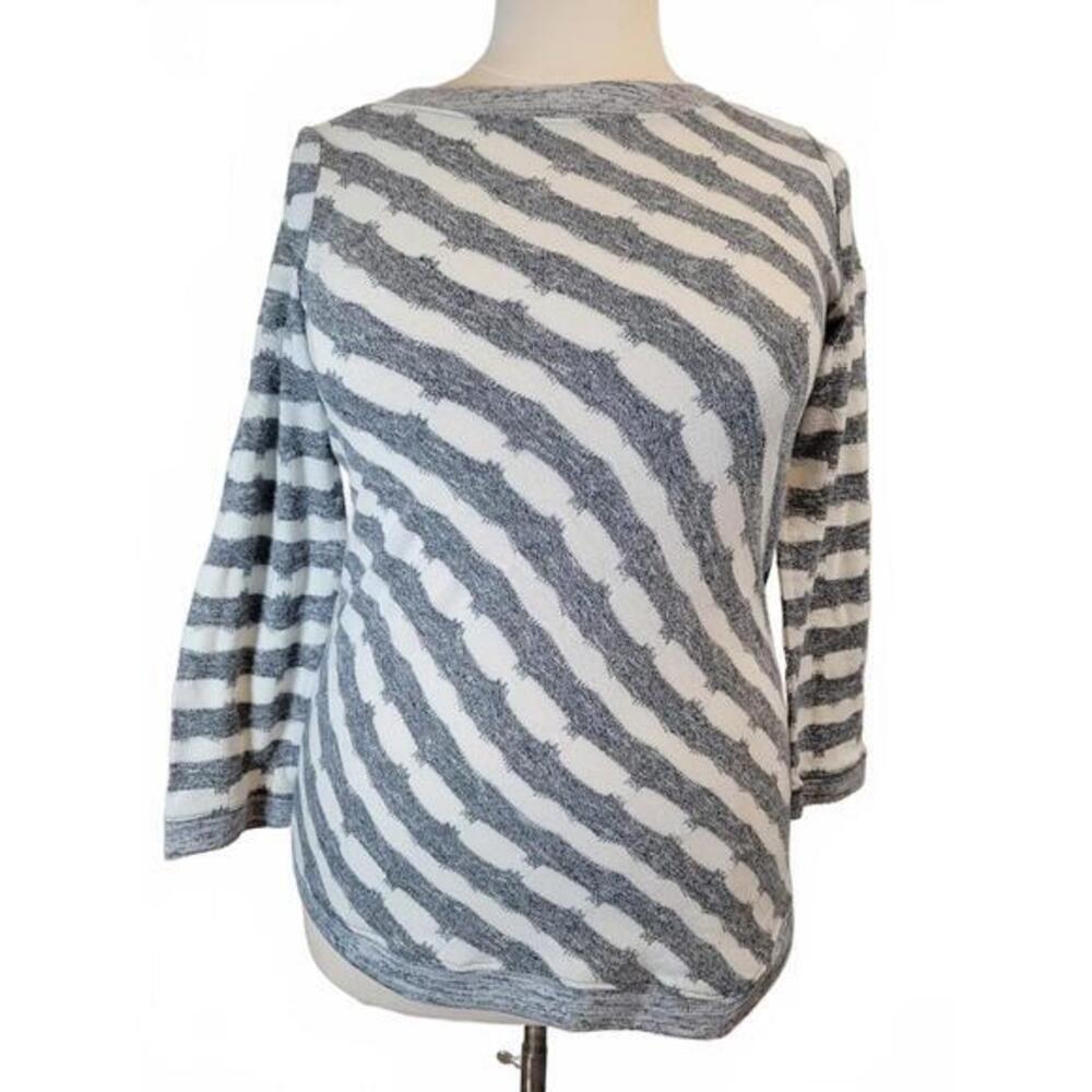 Weekends by Chicos Grey White Diagonal Stripe Boat Neck 3/4 Sleeve Top Sz 2